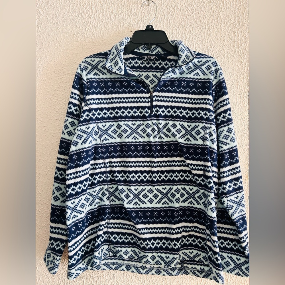Lands’ End Quarter Zip Fleece Pullover‎ Deep Sea Fair Isle Blue Large